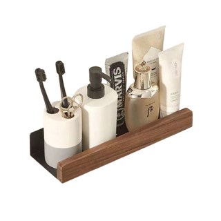 實木免打孔浴室置物架，免釘安裝，浴室收納好幫手, 30cm, 胡桃木深色 黑架, 1個