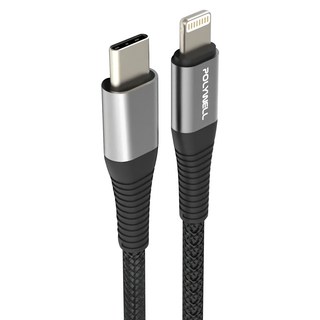POLYWELL 寶利威爾 Type-C Lightning 蘋果PD快充編織線 iPhone PW15-W45-A285, 1m, 灰色, 1條