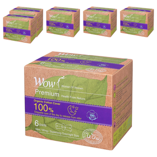 와우 프리미엄 오가닉 코튼 커버 오버나이트 생리대 날개형, 6개입, 6개