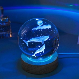 ALL SPLENDID 鯨魚 水晶球 6cm + USB七彩實木燈座 7 x 2cm, 七彩光