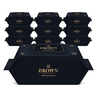 브라운 VIP 골드 블루 도톰한 엠보싱 저자극 아기 물티슈 캡형, 80g, 70매, 10개