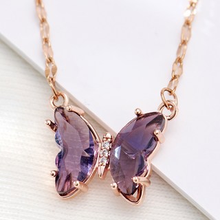 NoidB 女款醫療鋼水晶蝴蝶玫瑰金鍊項鍊