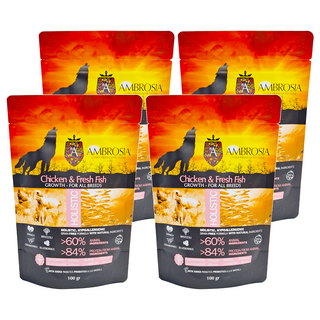 AMBROSIA 安柏希雅 幼母犬用 無穀鮮肉犬糧 全犬種適用 超過60%動物成分, 雞肉 + 鮮魚, 100g, 4包