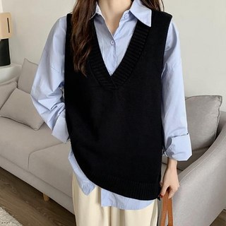 M833寬鬆長版大V領針織背心 韓版落肩, 胸圍67cm 衣長64~70cm 肩寬35cm, 黑