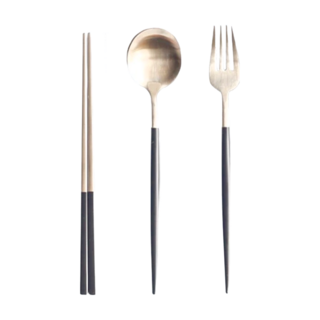 美的冒泡 304不鏽鋼銀色餐具組, 含餐盒, 黑色三件套, 湯匙 + 叉子 + 筷子, 1組