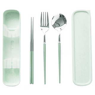 美的冒泡 304不鏽鋼便攜餐具組, 筷子 + 叉子 + 湯匙 + 餐盒, 淺綠色, 1組