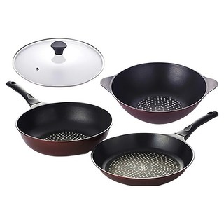 Kitchen-Art 平底鍋具4件組, 酒紅色 + 透明鍋蓋, 平底鍋 28cm + 深型平底鍋 28cm + 大炒鍋 28cm + 玻璃鍋蓋 28cm, 1組