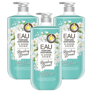EAU 淨耀 香水沐浴乳 湛藍微風 天然植物洗淨配方 ECOCERT歐盟有機認證PCA天然保濕因子 玻尿酸與庫拉索蘆薈萃取精華, 1L, 3罐