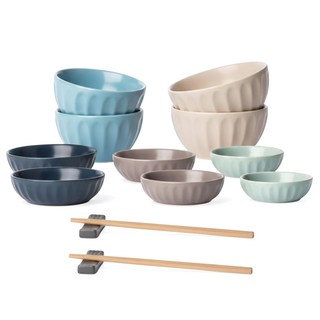 CROWNFORD ENGLAND 雙人陶瓷餐碗14件組, 混色, 1組, 飯碗2入+湯碗2入+小盤2入+中盤2入+大盤2入+筷2雙