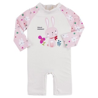 愛北鼻 長袖連體泳衣-送遮陽帽 可愛造型 防曬舒適, 4碼, 粉色兔子 白色