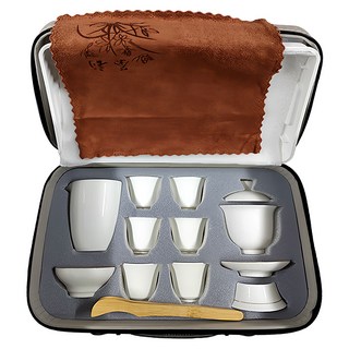 羊脂白玉瓷旅行茶具套組 實木 ABS, 1個, 蓋碗組 + 茶漏 + 公道杯 +茶杯6個 + 茶盤 + 茶夾 + 茶巾 + 收納盒, 白色