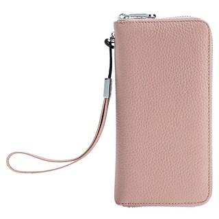 真皮頭層牛皮RFID女士存摺包長夾 大容量多卡位拉鍊錢包, 淺粉色