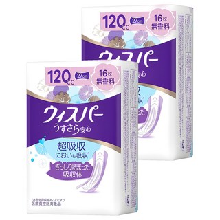 whisper 好自在 日本原裝進口 舒爽超吸收成人護墊 成人尿布 無香 120cc 無翼型, 27cm, 16片, 2包