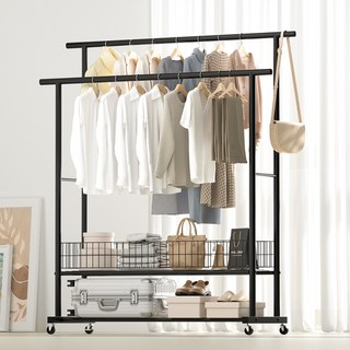 코멧 2단 이동식 대용량 수납 선반 행거, 블랙