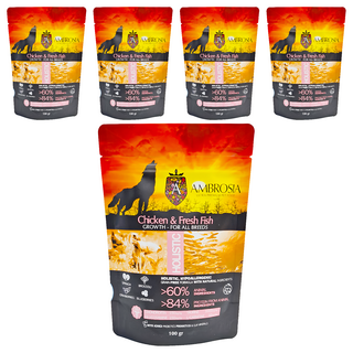 AMBROSIA 安柏希雅 幼母犬用 無穀鮮肉犬糧 全犬種適用 超過60%動物成分, 雞肉 + 鮮魚, 100g, 5包