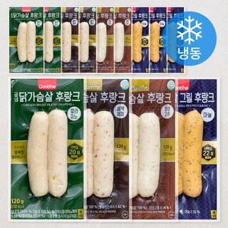 굽네 닭가슴살 후랑크 120g 마늘 3개입 + 청양고추 2개입 + 블랙페퍼 2개입 + 할라피노 2개입 세트 1080g (냉동), 1.08kg, 1세트