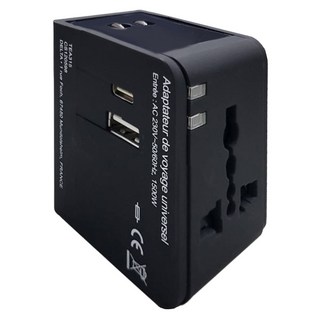 好米 多國旅行充電器 USB接口 + Type-C接口, 黑色, 1個, 55mm