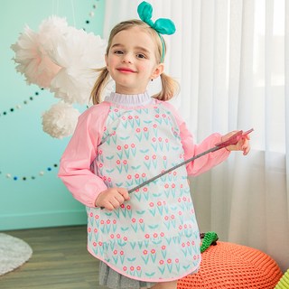 bay b 孩童花朵印花拼色長袖連身圍裙
