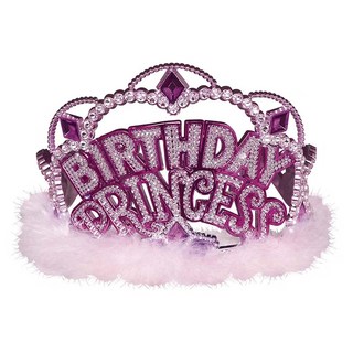 派對城 塑膠皇冠-生日公主 生日派對裝扮 閃亮水鑽點綴 粉色羽毛點綴, 1入