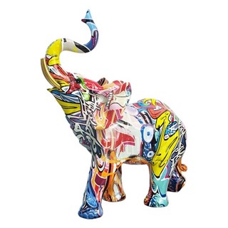 SC優選 塗鴉炫彩大象擺件創意樹脂工藝品, 15 x 7 x 18.5cm, 格紋小象