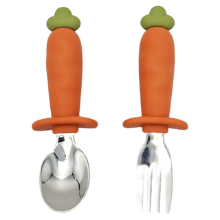 PiYOPiYO 黃色小鴨 鉑金矽膠316不鏽鋼學習蘿蔔湯叉組，防護檔片，矽膠握柄, 湯匙＋叉子, 橘色, 1組