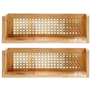 實木藤編單層置物架, 2個, 木製 原木色