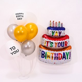 PARTYSHOW 3層生日蛋糕派對氣球裝飾 70cm 立柱 Happy Birthday To You 派對套組, 1套, 寶石色