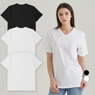 BASE ALPHA ESSENTIALS Base Alpha Essential男女適穿純棉V領短袖T恤 3件, 白色, 白色, 黑色