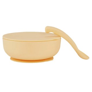 By Lille Vilde 防滑矽膠吸盤碗 含蓋附湯匙套裝 - 13cm寬 6cm深 300ml容量 100%食品級矽膠, 鵝黃色, 1組