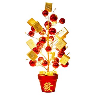 MODACore 摩達客 春節開運招財 紅福招財麻將金磚發財樹擺飾 + 50銅線電池燈 USB, 暖白光