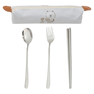 Hiromimi LINE FRIENDS 宅家餐具4件組, 餐具包 + 湯勺 + 筷子 + 叉子, 熊大款 白色, 1個