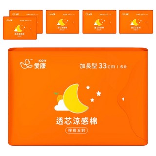 icon 愛康 涼感衛生棉 檸橙派對, 33cm, 6片, 6包