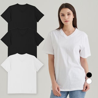 BASE ALPHA ESSENTIALS Base Alpha Essential男女適穿純棉V領短袖T恤 3件, 黑色, 黑色, 白色