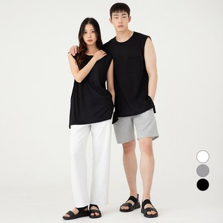 CARET 男女通用 Oversize 層次口袋無袖 T恤, 黑色