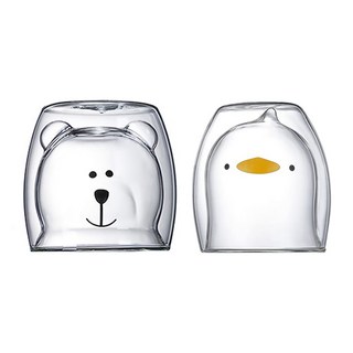 LimeOlive 動物造型雙層耐熱玻璃杯, 小熊 + 鴨子 透明色, 2個