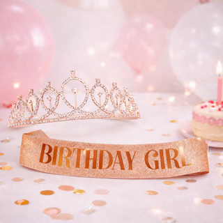 윰스 생일파티 공주 왕관 티아라 + 어깨띠 스트랩 세트, 로즈, 1세트