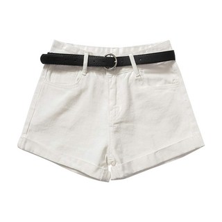 葉子小舖 高腰牛仔短褲 基本款, S, 白色