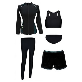 一家人的泳衣 成人女款 五件組 (外套、裏胸泳衣、泳褲、三角泳褲、防曬長褲), 3XL, 黑色