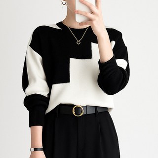 The Syrup 女款舒適拼色長袖保暖針織衫 B