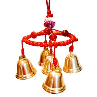 銅製風鈴吊飾 銅鐘 Set 5, 紅繩天眼珠, 驅除災厄, 化解煞氣, 招財進寶, w17-3, 5個