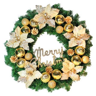 摩達客 耶誕 20吋浪漫朵朵聖誕花豪華綠色聖誕花圈福臨圈, 香檳雙金系, 1個