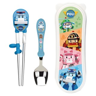 Edison 孩童用救援小英雄波力簡易不鏽鋼餐具組, 藍色, 湯匙+學習筷+收納盒, 1組