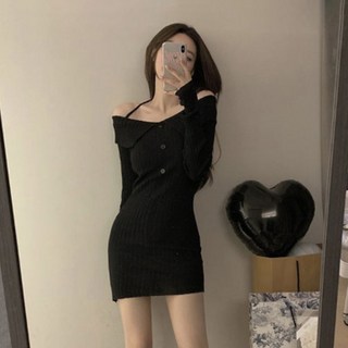 PEONIST 鈕扣露肩迷你連身裙, 黑色