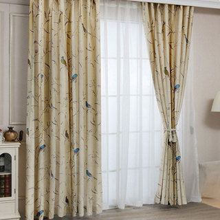 小銅板 遮光窗簾 2片, 田園小鳥 米色