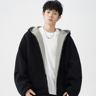 Seonbit 男款 Hedro 素色寬鬆拼色日常基本款連帽拉鍊外套