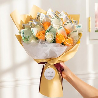 BeautifulDecoSense 肥皂花鈔票花束 20朵 + 提袋, 蜜桃混色, 1組