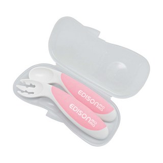 EDISON mama 嬰幼兒防滑易握學習餐具組 附收納盒, 叉子+湯匙, 粉色, 1組