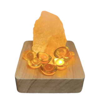 ROSE GEM 瑰麗寶 鹽燈 天然玫瑰鹽 多彩水晶 木製底座 LED燈 電線, 6 x 6 x 6cm, 金色小靈, 1組