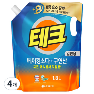 테크 베이킹소다 플러스 구연산 액상세제 리필, 1.8L, 4개