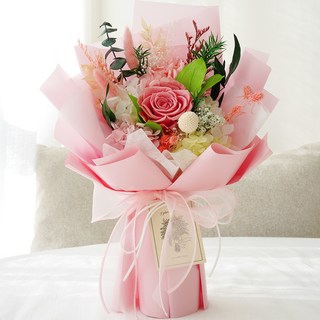 코멧 로맨틱 생화 프리저브드 꽃다발 + 쇼핑백, 핑크